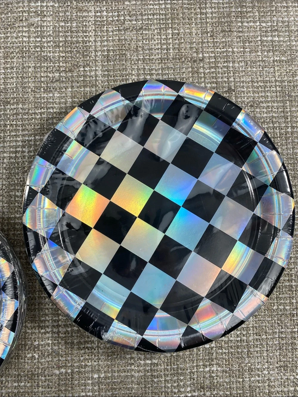 Holographic Black Checkered Paper Plates - Set of 2